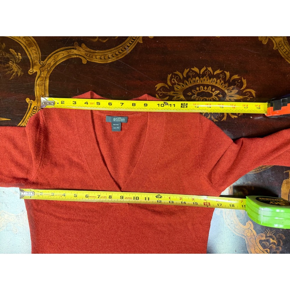 Vtg Griffen Cashmere Womens Rust Orange V Neck Sweater 3/4 Sleeve Fall Petite PS - Picture 6 of 13